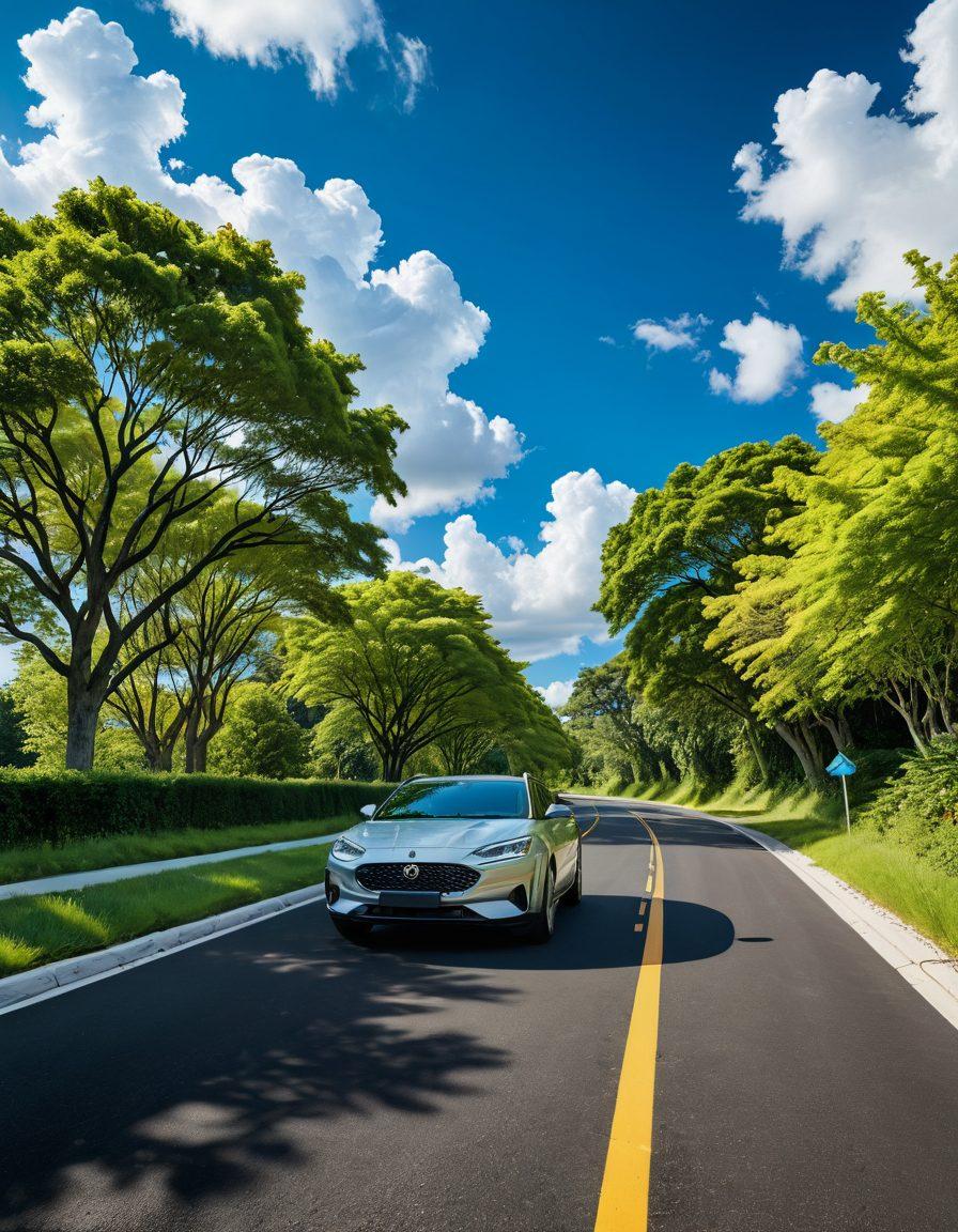 A serene road scene depicting a car safely driving under a blue sky, with colorful insurance policy documents floating like clouds above the vehicle. Incorporate visual symbols of protection such as a shield and a lock integrated into the design. Trees lining the road symbolize peace of mind and security. super-realistic. vibrant colors. peaceful ambiance.