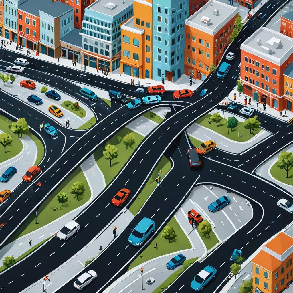 A visually engaging roadmap illustrating the journey of selecting car insurance, featuring a diverse collection of cars representing different insurance needs, alongside key signposts with tips such as 'Compare Quotes', 'Understand Coverage', and 'Consider Deductibles'. The backdrop showcases a bustling cityscape to symbolize the real-world implications of insurance choices. The colors are vibrant and inviting, enhancing the viewer's experience. super-realistic. vibrant colors. detailed illustration.