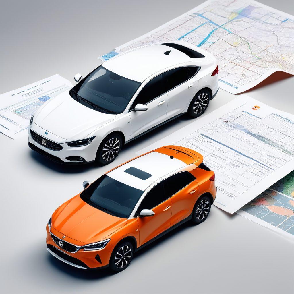 A split-screen image showcasing two vehicles, one with comprehensive coverage and the other with basic coverage, surrounded by visual elements like shields, documents, and vibrant roadmaps representing insurance options. Include a friendly insurance advisor discussing with a couple in a casual setting. Bright colors and a clean, modern aesthetic to convey clarity and trust. super-realistic. vibrant colors. white background.